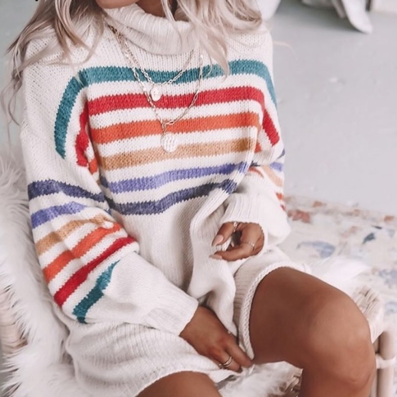Rouge! Dresses & Skirts - Multi Color Stripe Knit Sweater Off White Dress